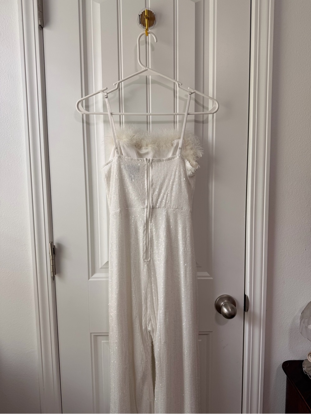 White Sequins Jumpsuit with Faux-Fur Trim - Picture 9 of 10